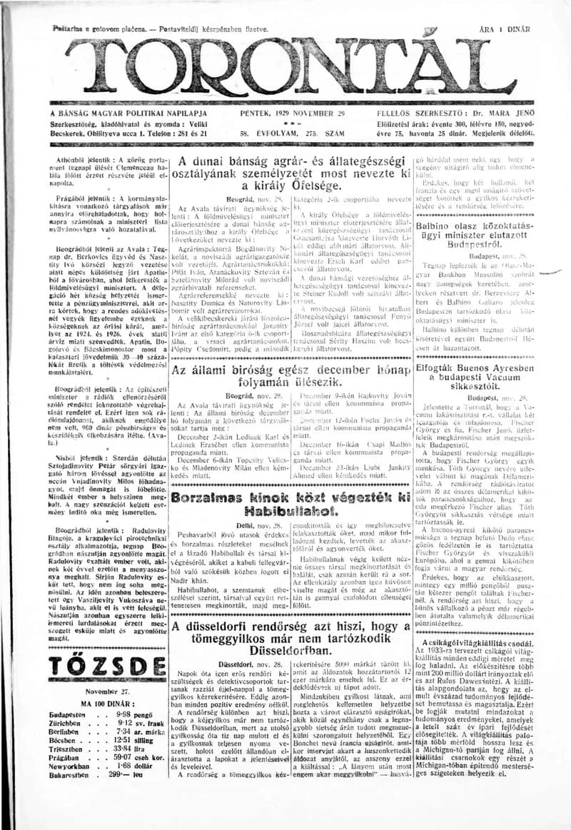 Torontál, 58. évf. 1929. november 29. 275. sz.
