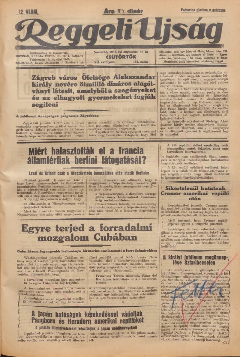 Reggeli Újság, 12. évf. 1931. augusztus 13. 187. sz.