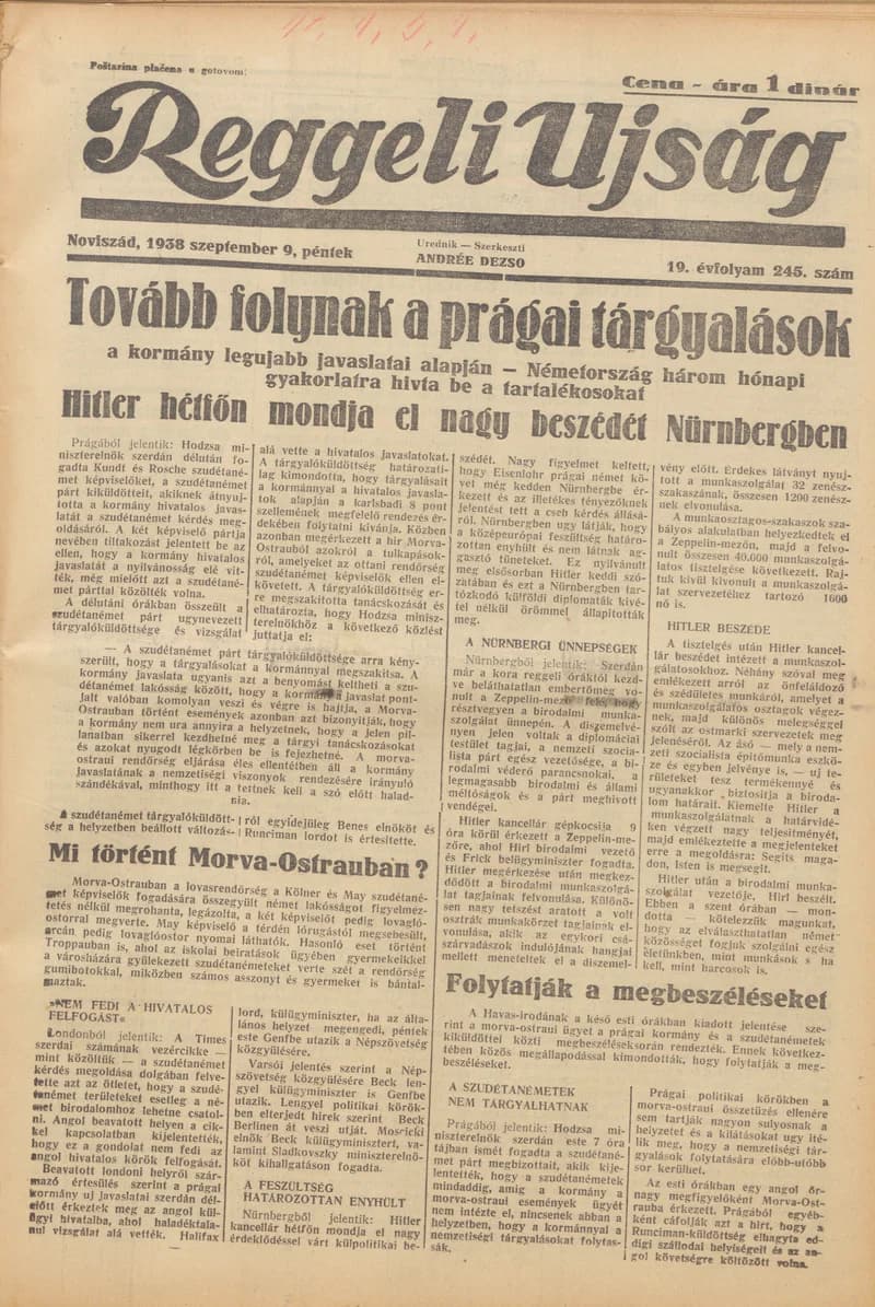 Reggeli Újság, 19. évf. 1938. szeptember 9. 245. sz.