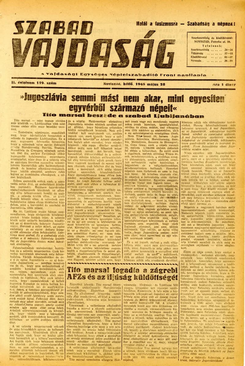 Szabad Vajdaság, 2. évf. 1945. május 28. 119. sz.