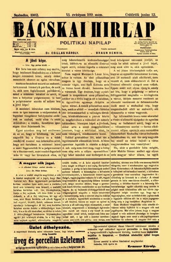Bácskai Hirlap, 6. évf. 1902. június 12. 109. sz.