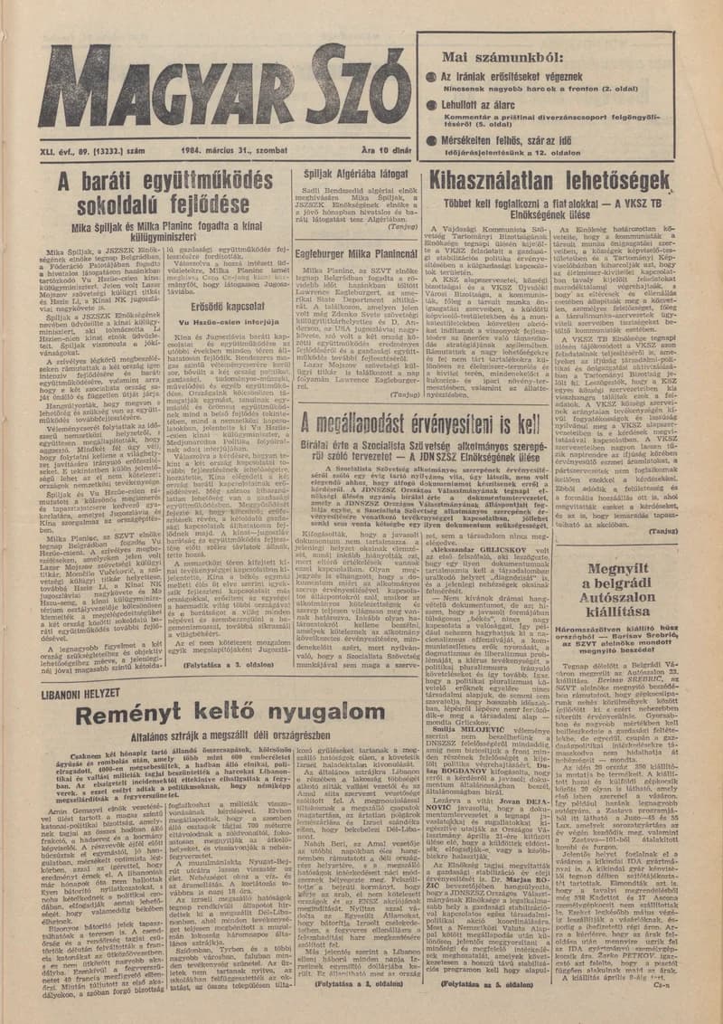 Magyar Szó, 41. évf. 1984. március 31. 89. sz. 1–20. oldal