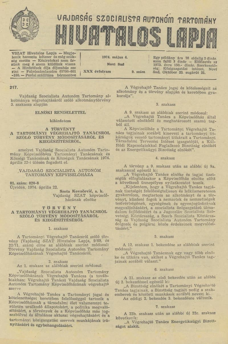 Vajdaság Szocialista Autonóm Tartomány Hivatalos Lapja, 30. évf. 1974. május 4. 9. sz. 329–340. oldal
