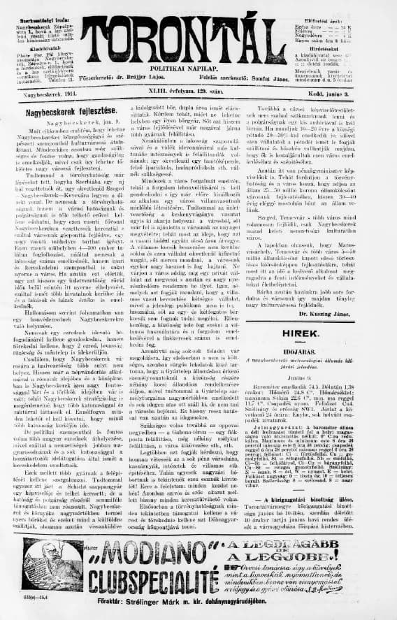Torontál, 43. évf. 1914. június 9. 129. sz.
