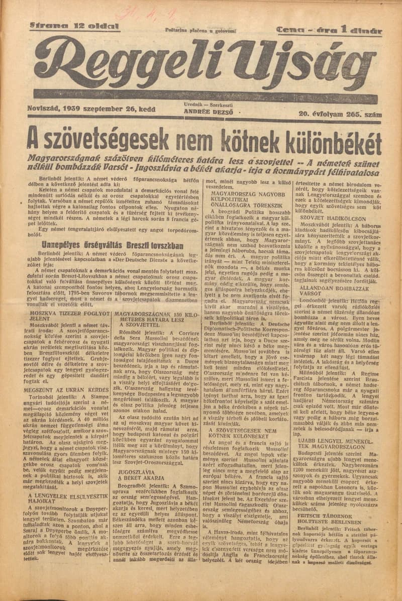 Reggeli Újság, 20. évf. 1939. szeptember 26. 265. sz.