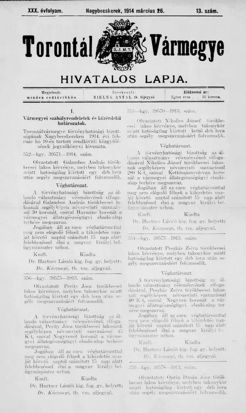 Torontál Vármegye Hivatalos Lapja, 30. évf. 1914. március 26. 13. sz.
