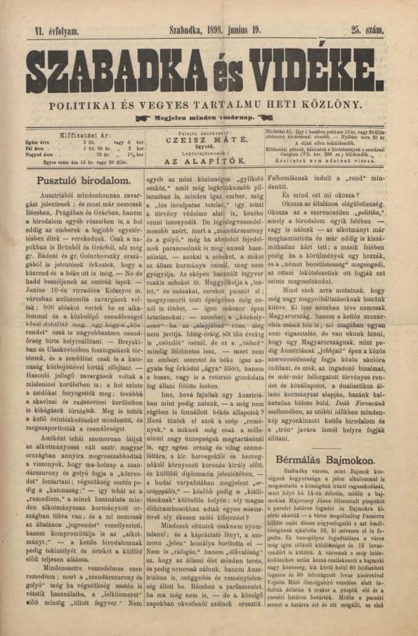 Szabadka és vidéke II, 6. évf. 1898. június 19. 25. sz.