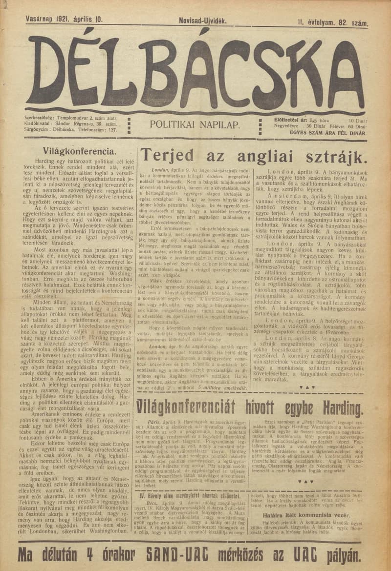 Délbácska, 2. évf. 1921. április 10. 82. sz.