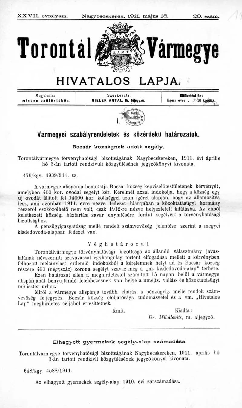 Torontál Vármegye Hivatalos Lapja, 27. évf. 1911. május 18. 20. sz.