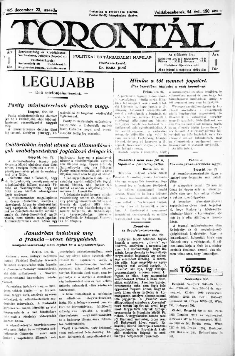 Torontál, 54. évf. 1925. december 23. 290. sz.