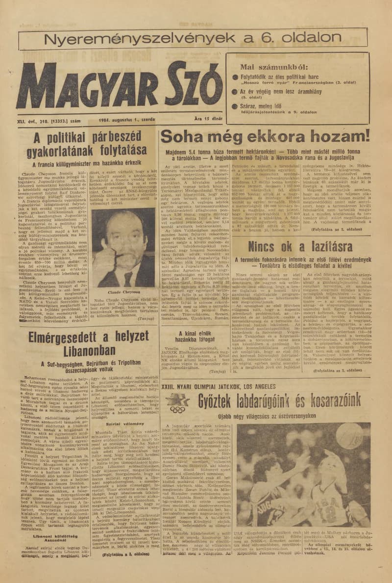Magyar Szó, 41. évf. 1984. augusztus 1. 210. sz. 1–16. oldal
