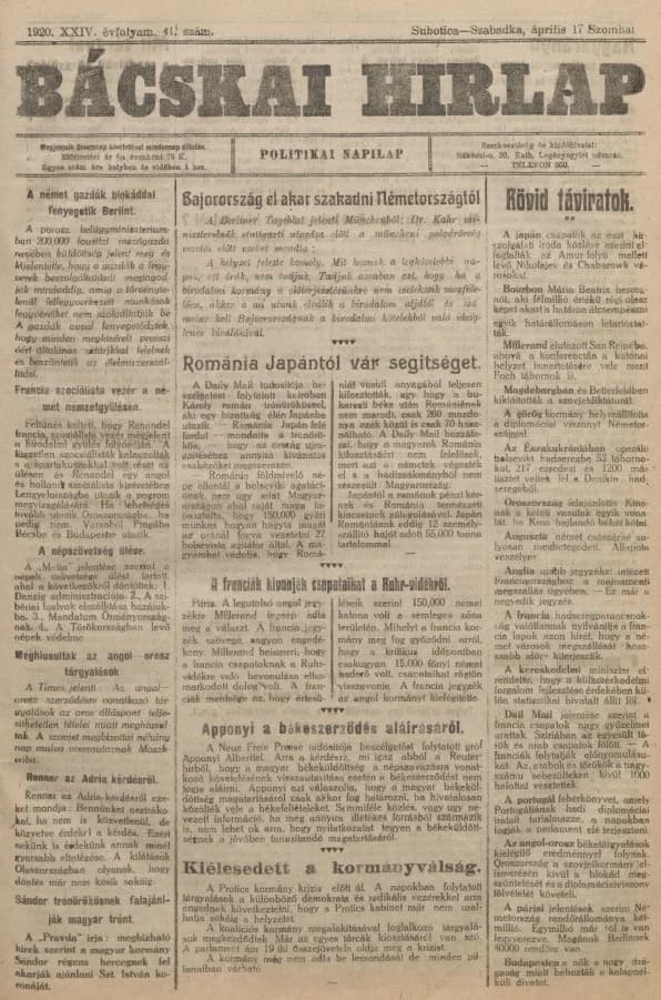 Bácskai Hirlap, 24. évf. 1920. április 17. 41. sz.