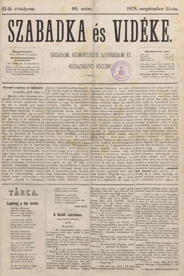 Szabadka és vidéke, 2. évf. 1878. szeptember 15. 66. sz.