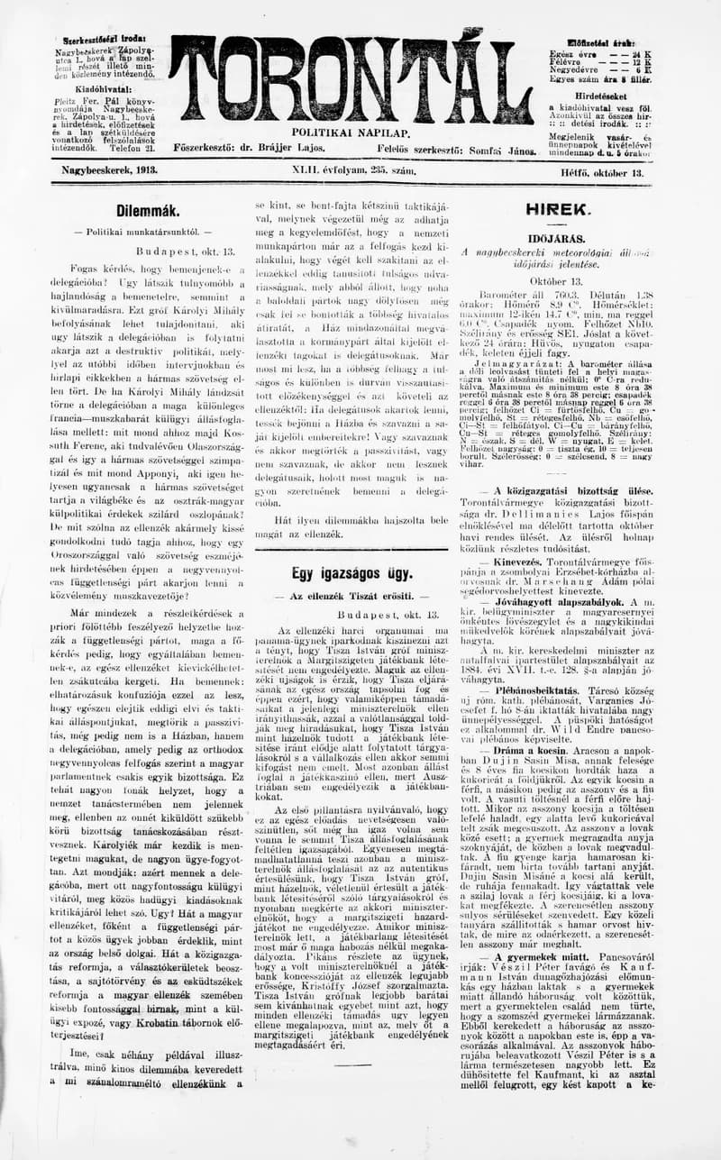 Torontál, 42. évf. 1913. október 13. 235. sz.