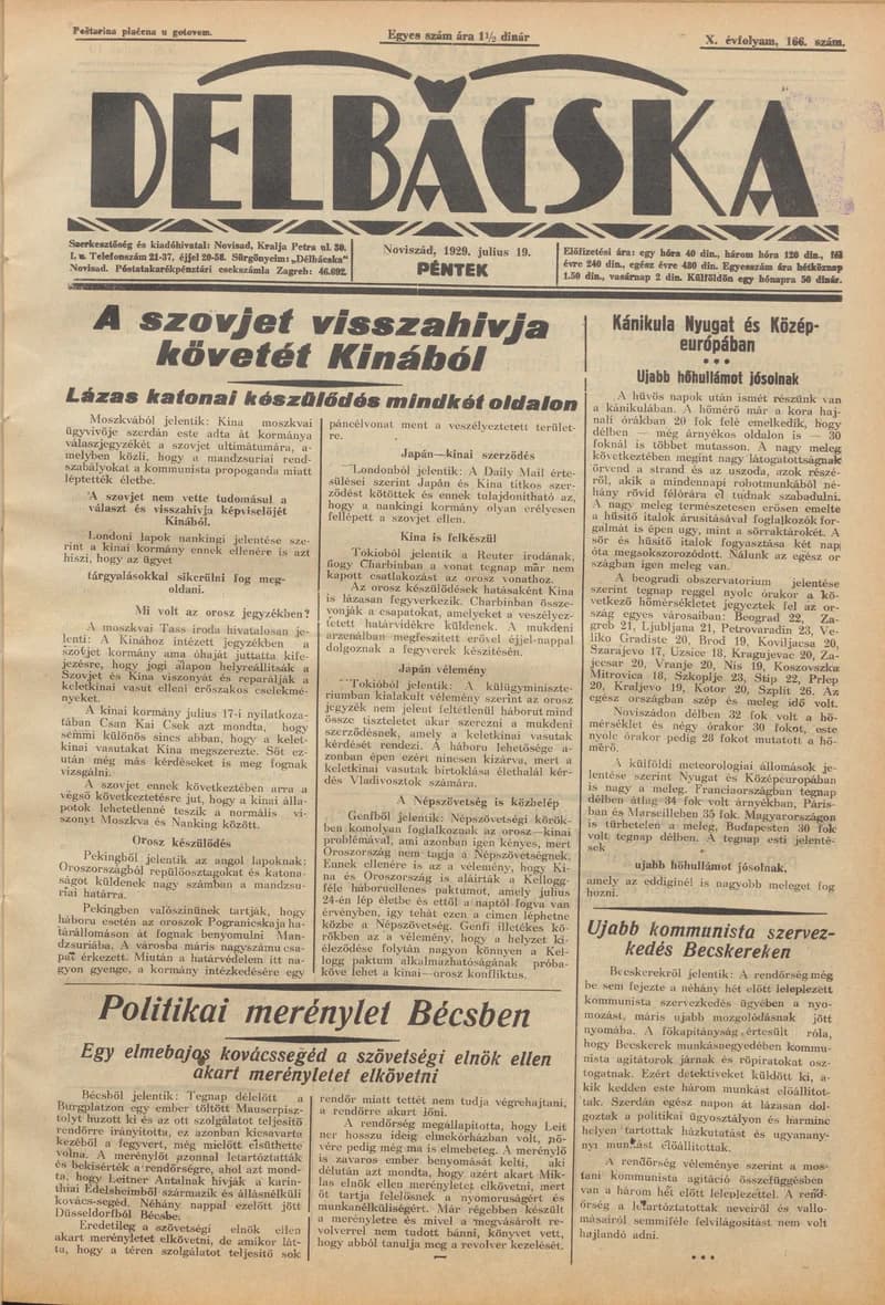 Délbácska, 10. évf. 1929. július 19. 166. sz.
