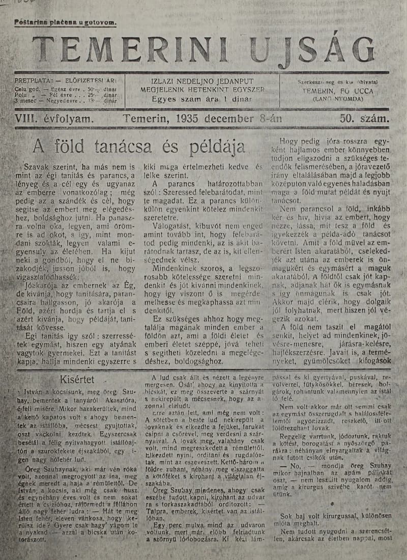 Temerini Újság 1928-1944, 8. évf. 1935. december 8. 50. sz.