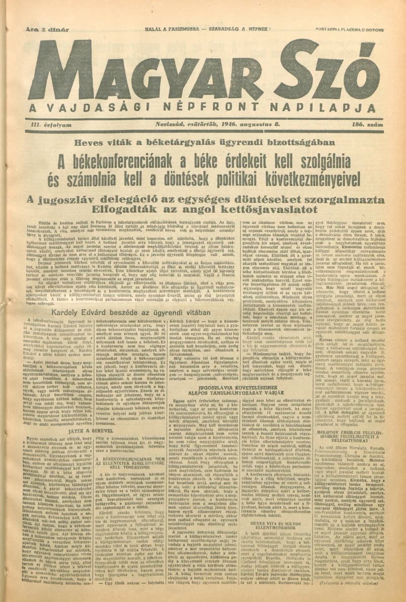 Magyar Szó, 3. évf. 1946. augusztus 8. 186. sz. 1–8. oldal