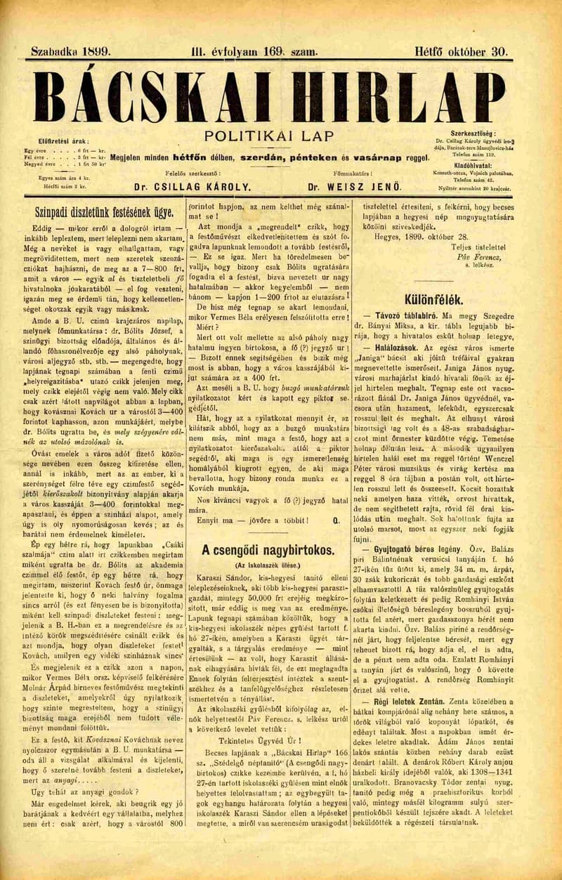 Bácskai Hirlap, 3. évf. 1899. október 30. 169. sz.