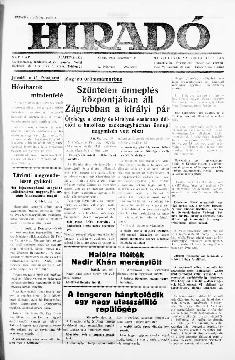 Híradó, 62. évf. 1933. december 19. 296. sz.