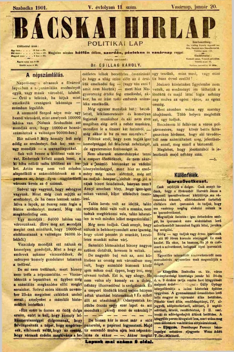 Bácskai Hirlap, 5. évf. 1901. január 20. 11. sz.