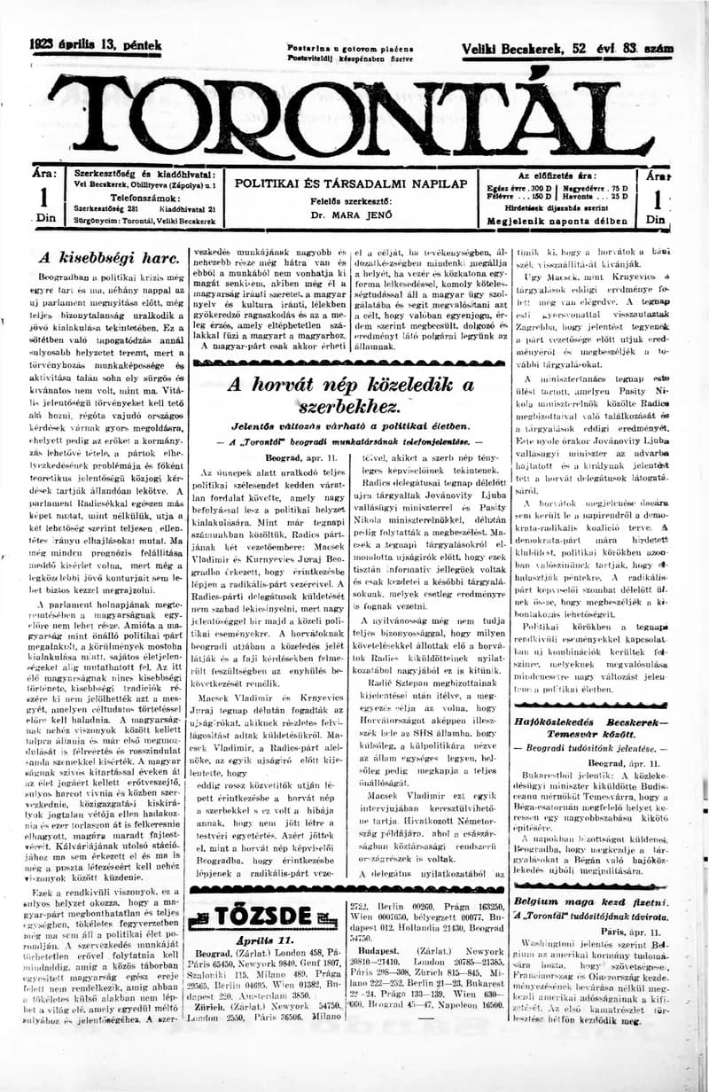 Torontál, 52. évf. 1923. április 13. 83. sz.