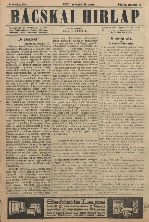 Bácskai Hirlap, 18. évf. 1914. március 13. 59. sz.