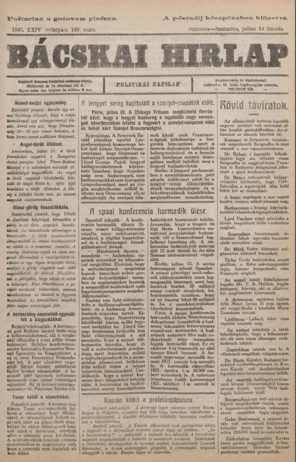 Bácskai Hirlap, 24. évf. 1920. július 14. 110. sz.