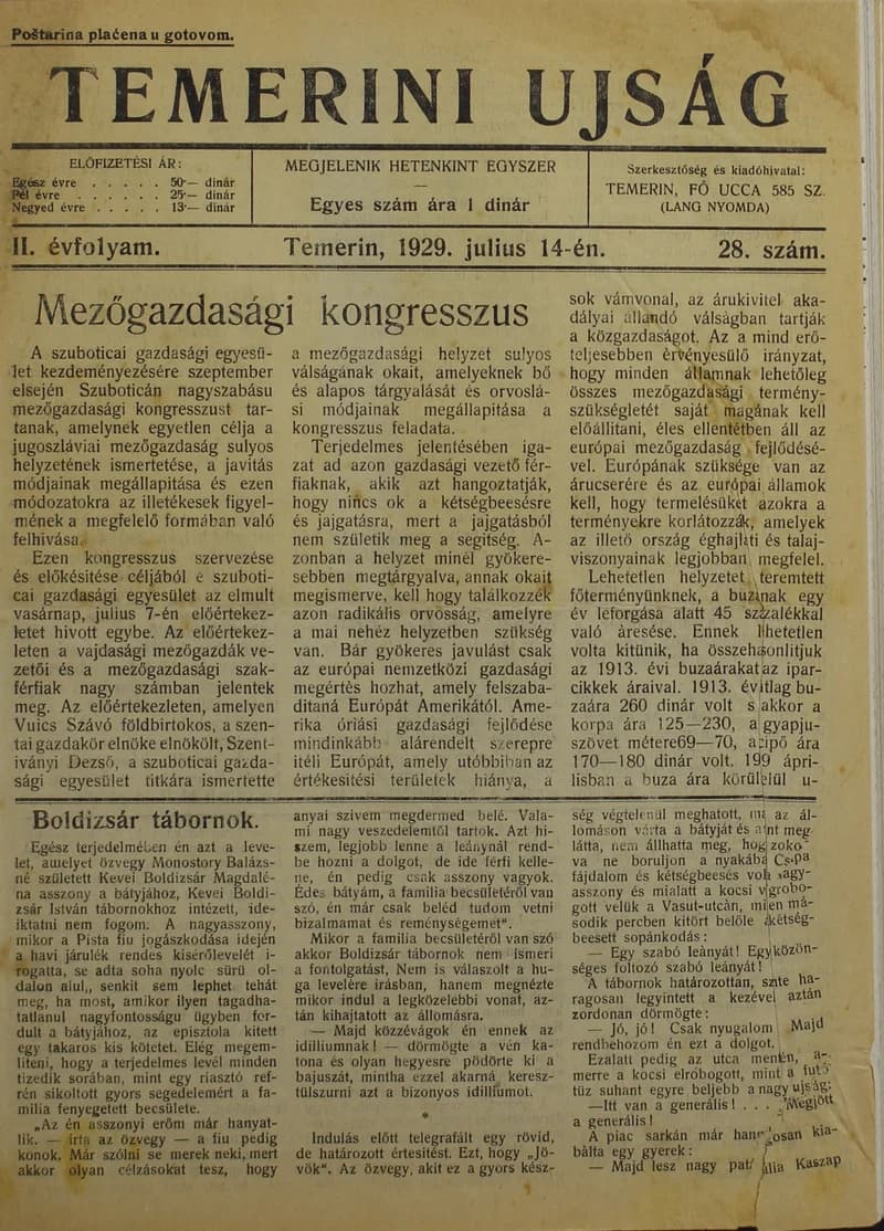 Temerini Újság 1928-1944, 2. évf. 1929. július 14. 28. sz.