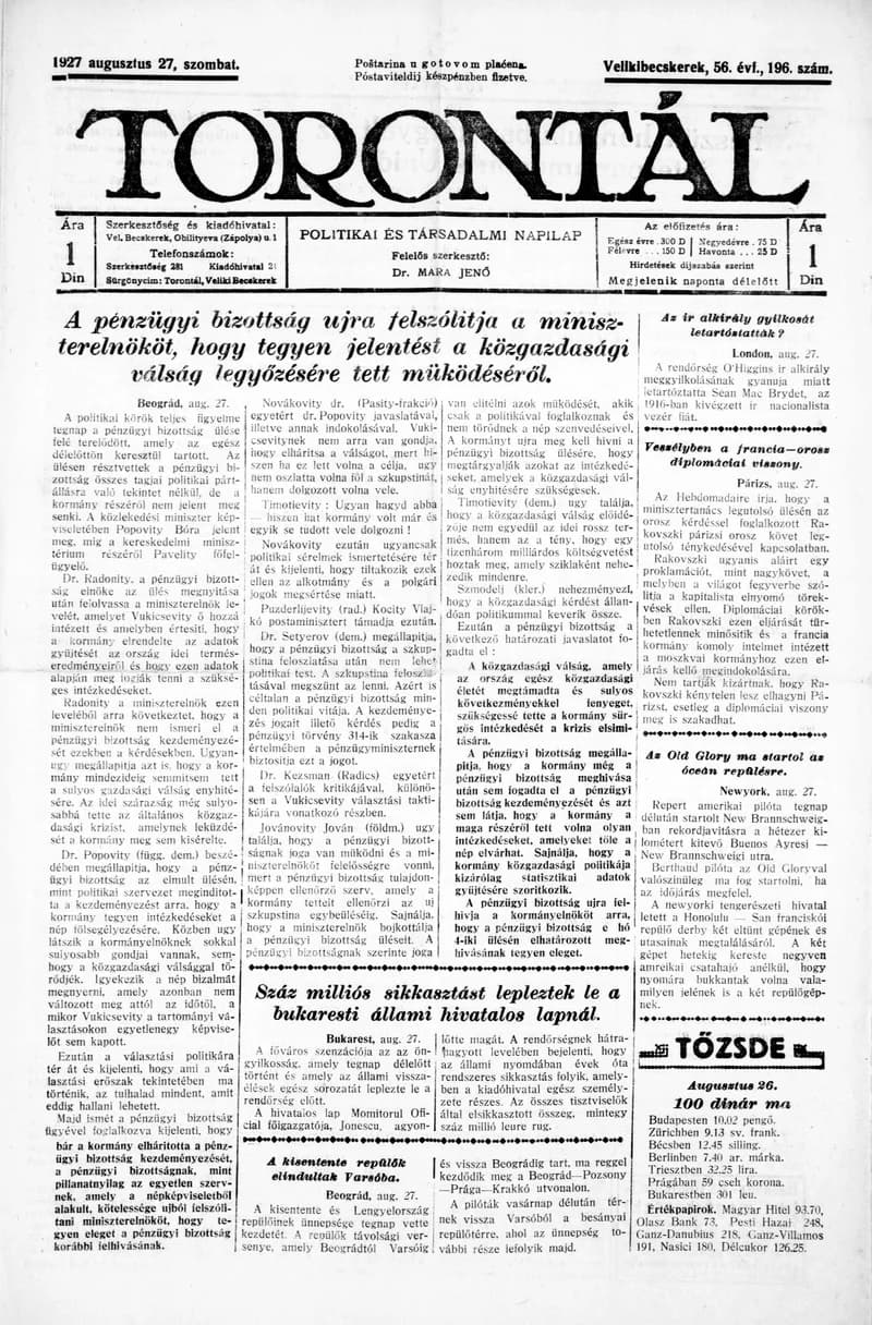 Torontál, 56. évf. 1927. augusztus 27. 196. sz.