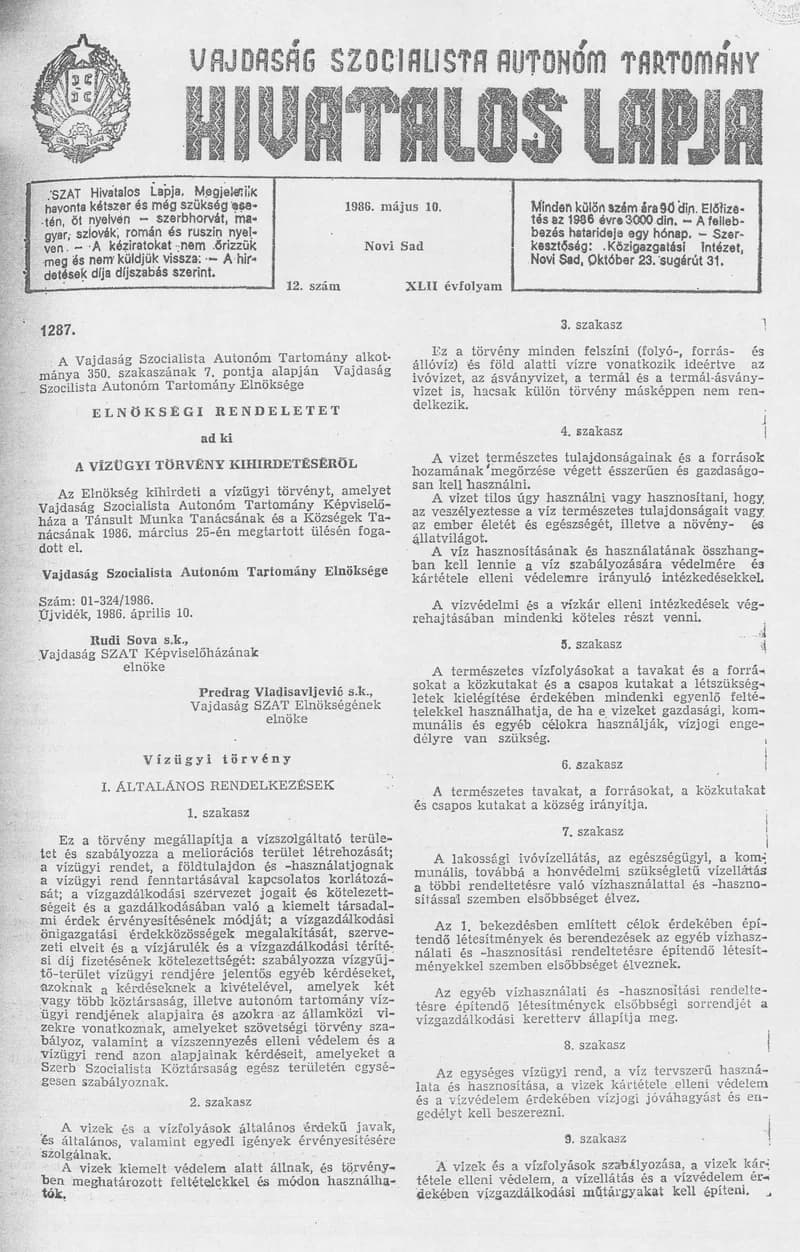 Vajdaság Szocialista Autonóm Tartomány Hivatalos Lapja, 42. évf. 1986. május 10. 12. sz.