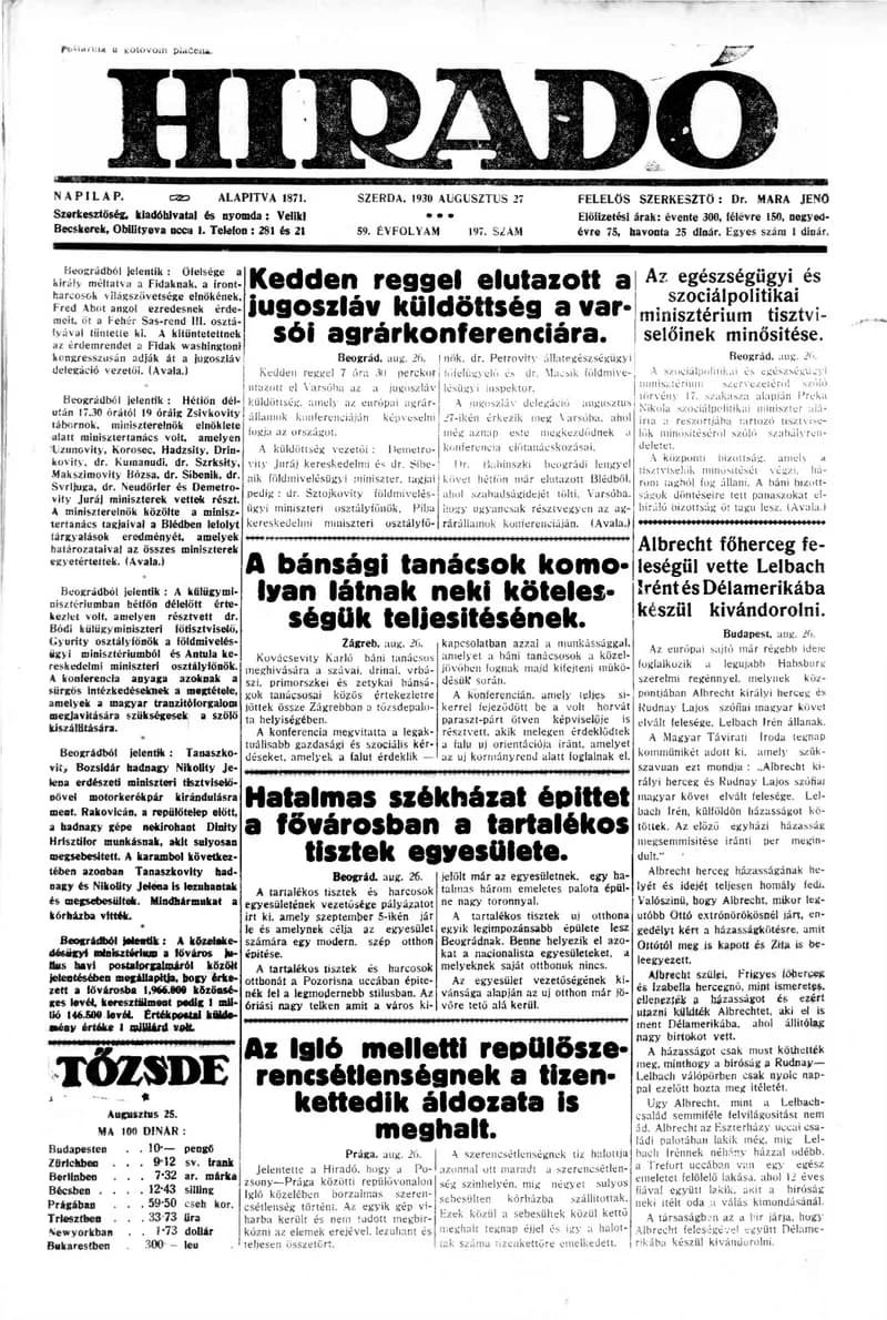 Híradó, 59. évf. 1930. augusztus 27. 197. sz.