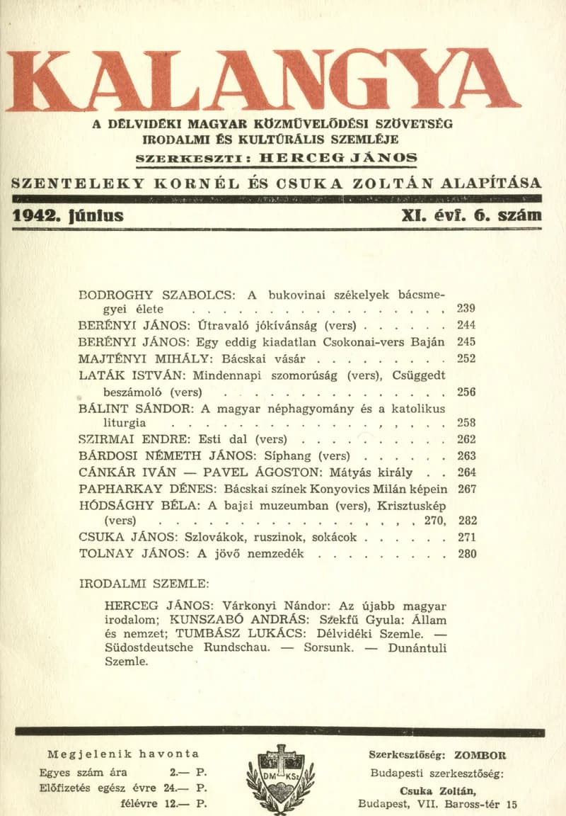 Kalangya, 11. évf. 1942. június 15. 6. sz. 239–286. oldal