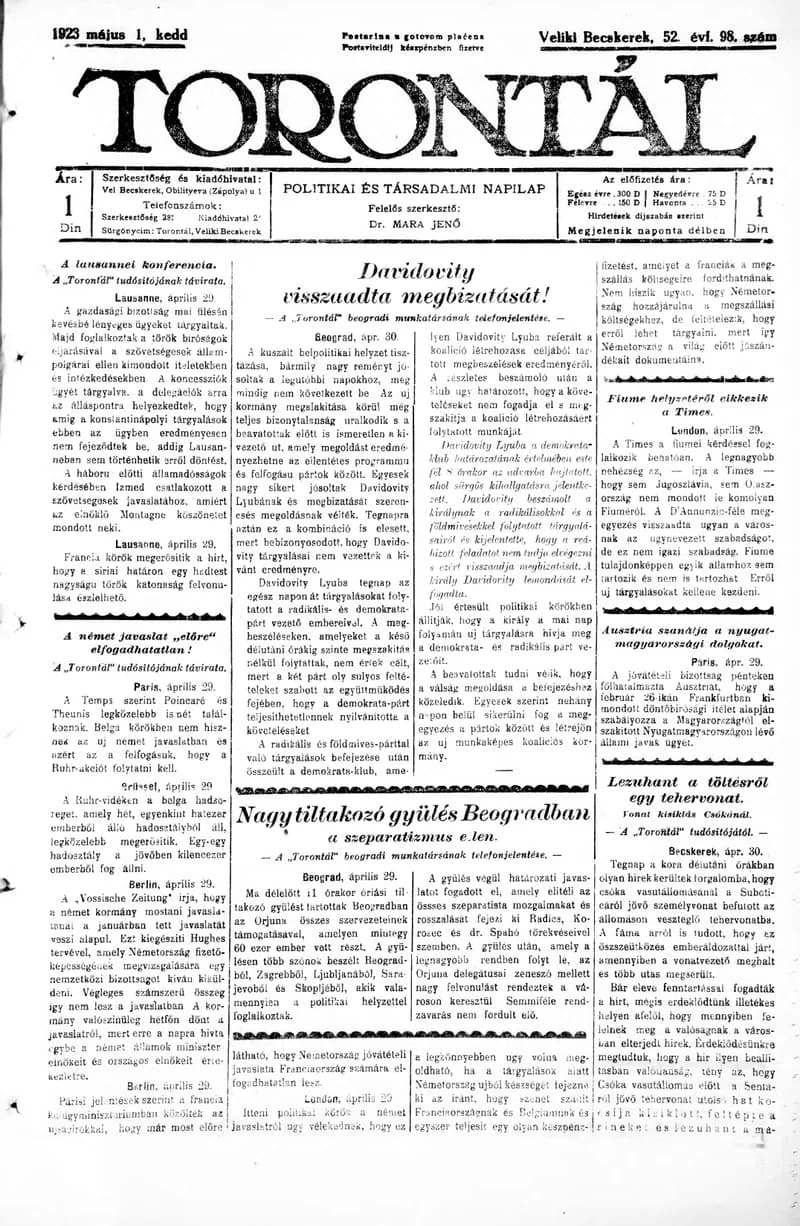 Torontál, 52. évf. 1923. május 1. 98. sz.