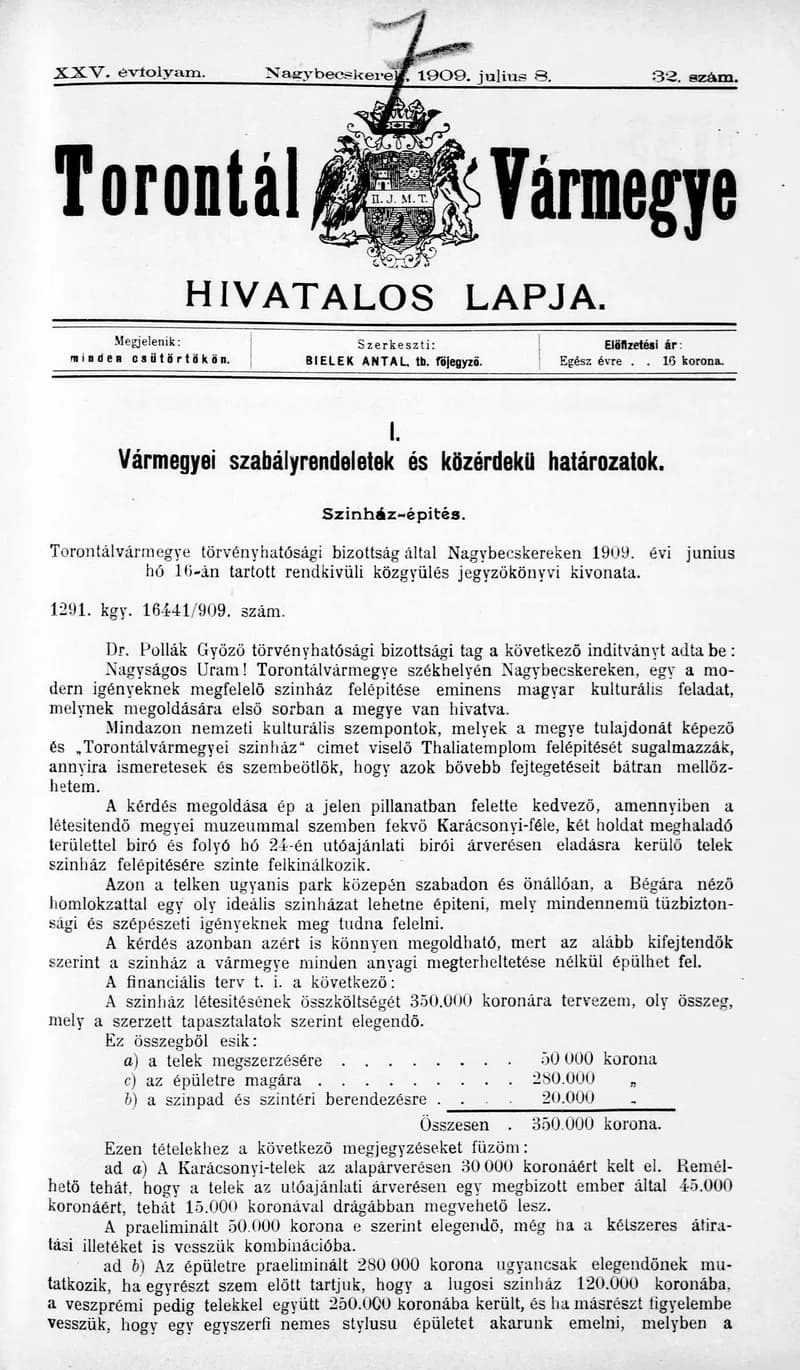 Torontál Vármegye Hivatalos Lapja, 25. évf. 1909. július 8. 32. sz.