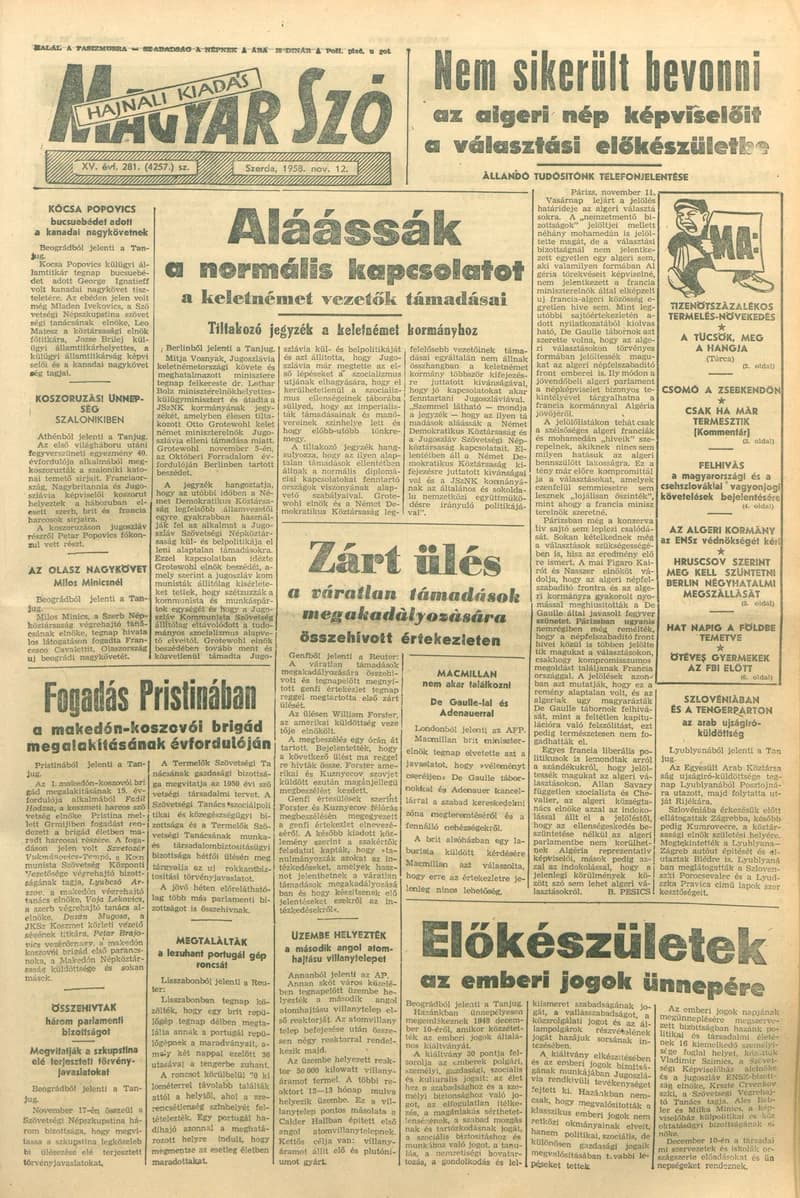 Magyar Szó, 15. évf. 1958. november 12. 281. sz. 1–18. oldal