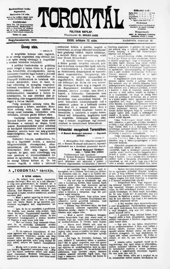 Torontál, 39. évf. 1910. március 31. 73. sz.