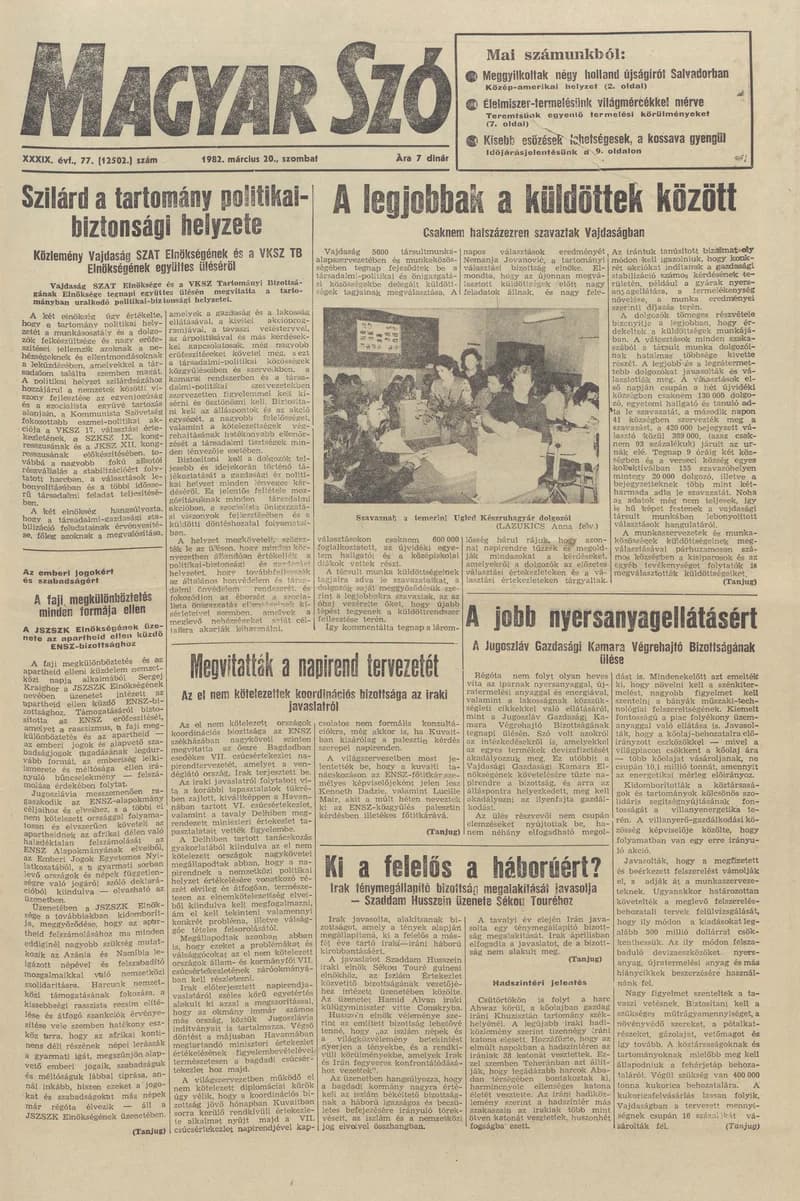 Magyar Szó, 39. évf. 1982. március 20. 77. sz. 1–20. oldal