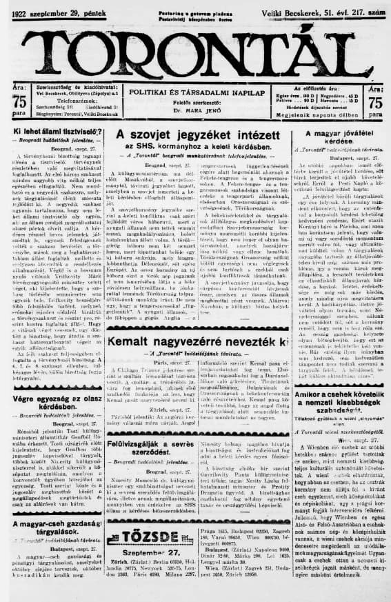 Torontál, 51. évf. 1922. szeptember 29. 217. sz.