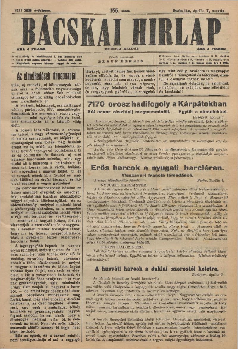 Bácskai Hirlap, 19. évf. 1915. április 7. 155. sz.
