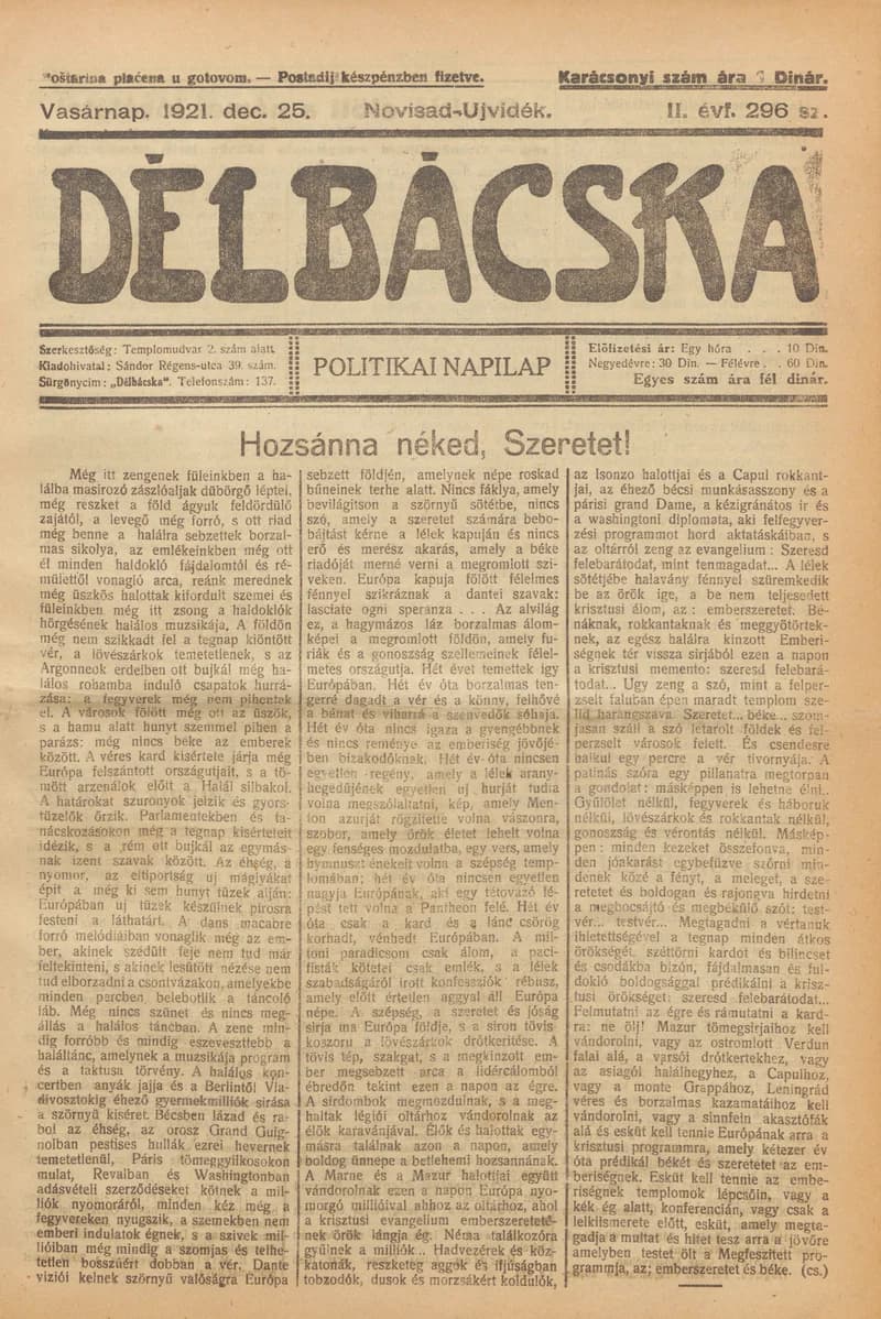 Délbácska, 2. évf. 1921. december 25. 296. sz.