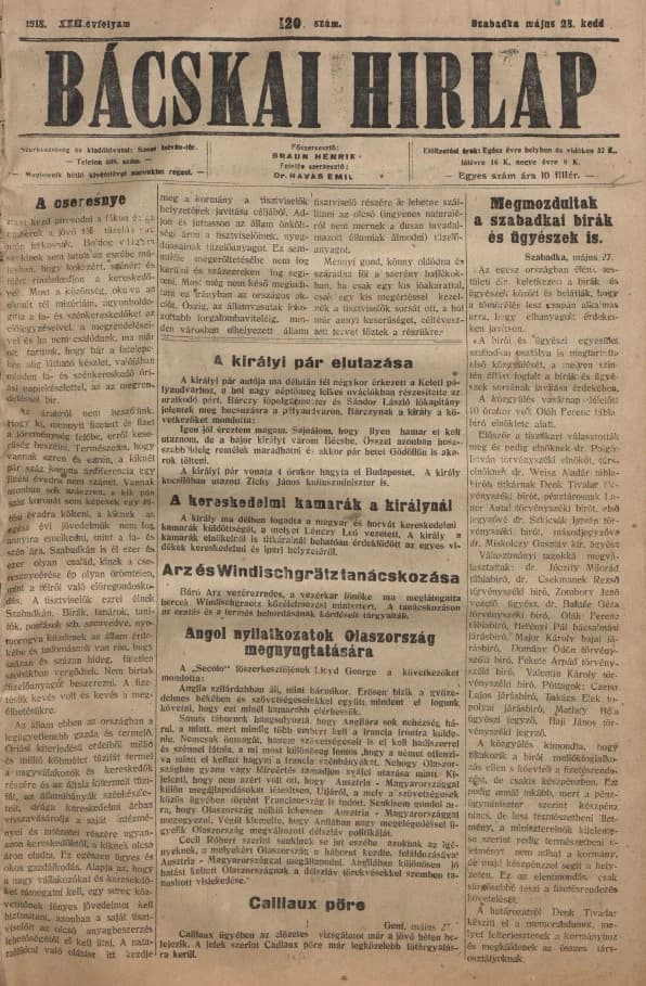 Bácskai Hirlap, 22. évf. 1918. május 28. 120. sz.