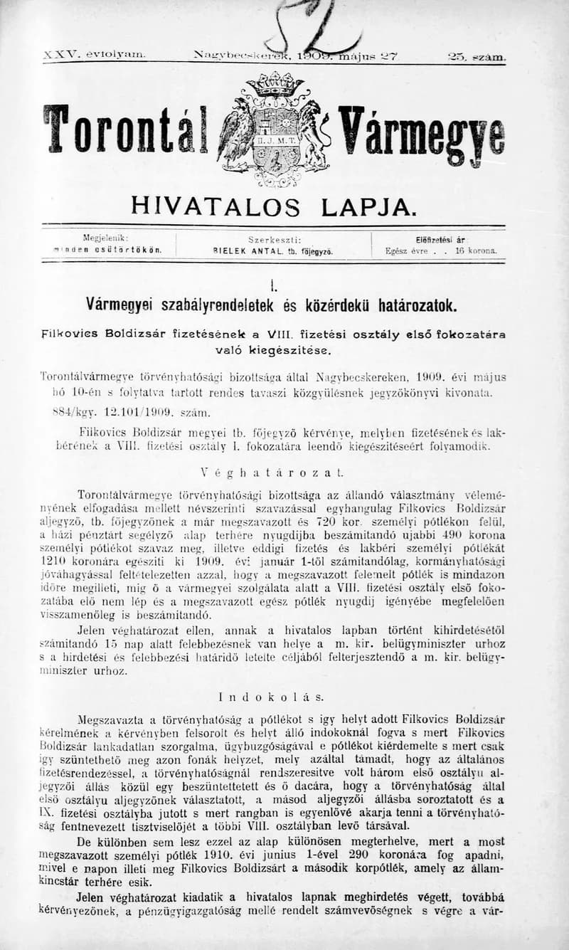 Torontál Vármegye Hivatalos Lapja, 25. évf. 1909. május 27. 25. sz.