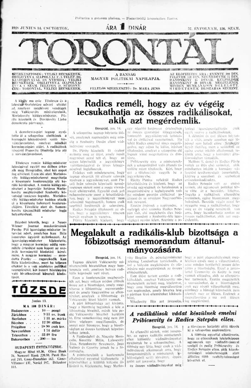 Torontál, 57. évf. 1928. június 14. 136. sz.