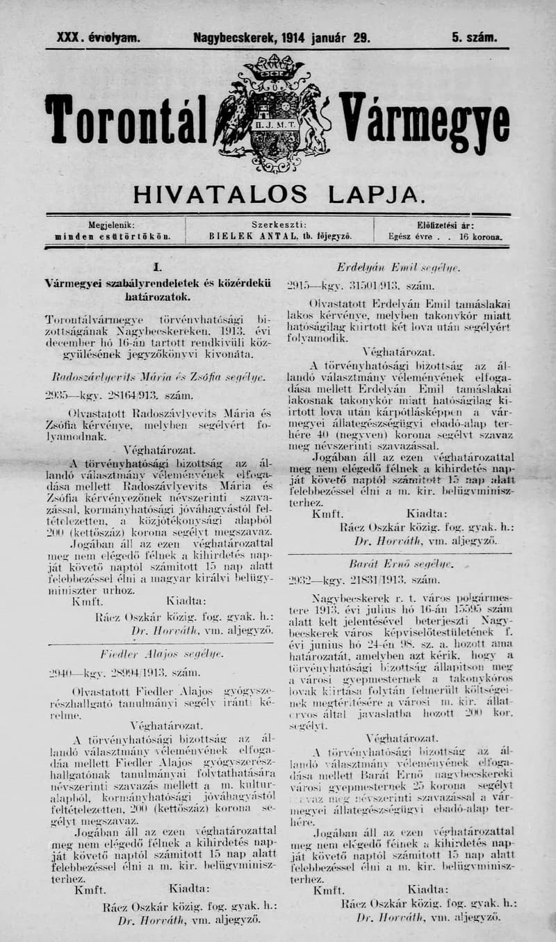 Torontál Vármegye Hivatalos Lapja, 30. évf. 1914. január 29. 5. sz.