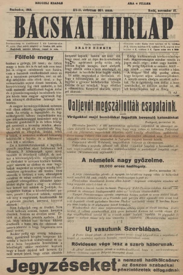 Bácskai Hirlap, 18. évf. 1914. november 17. 302. sz.