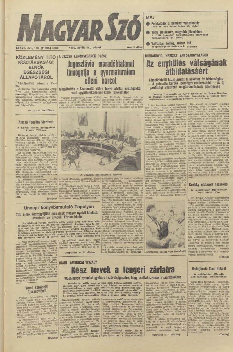 Magyar Szó, 37. évf. 1980. április 11. 100. sz. 1–20. oldal