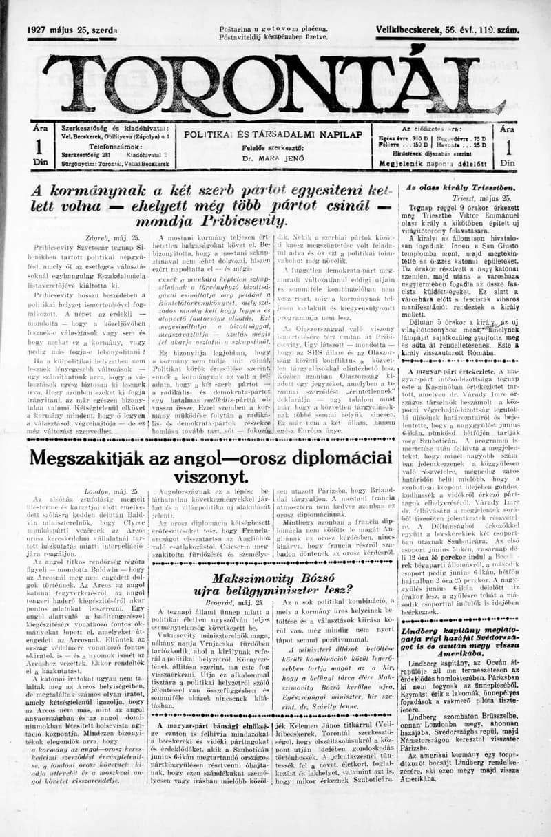 Torontál, 56. évf. 1927. május 25. 119. sz.