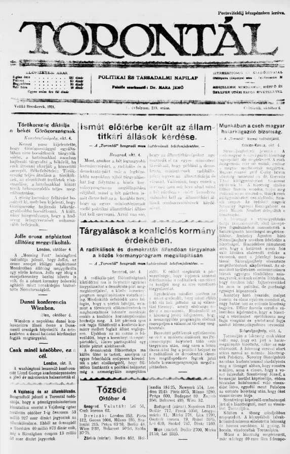 Torontál, 50. évf. 1921. október 6. 219. sz.
