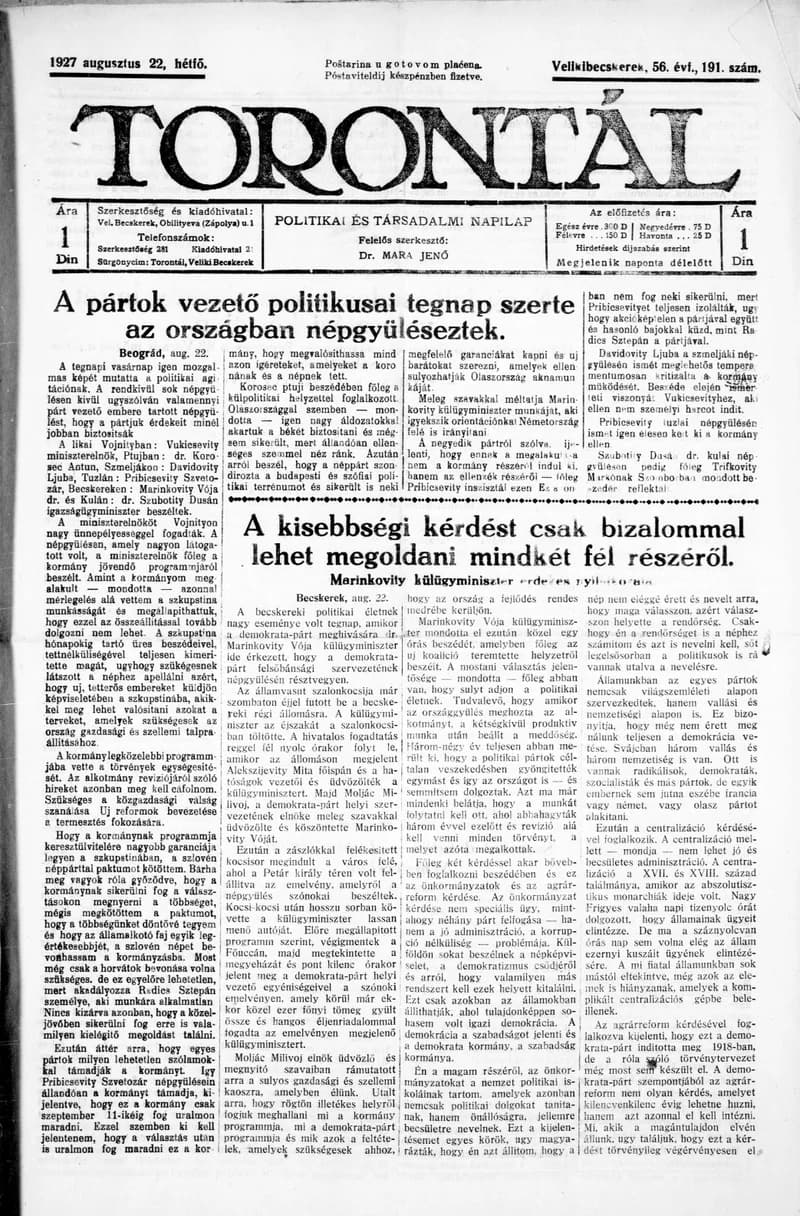 Torontál, 56. évf. 1927. augusztus 22. 191. sz.