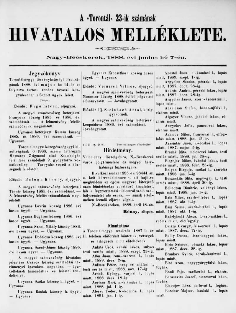A Totontál  hivatalos melléklete, 1. évf. 1888. június 7. 23. sz.